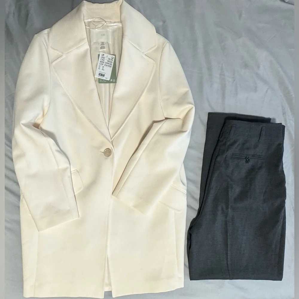 H&M Cream Longline Blazer Coat XS | Business Casual Light Academia Jacket - Picture 6 of 6